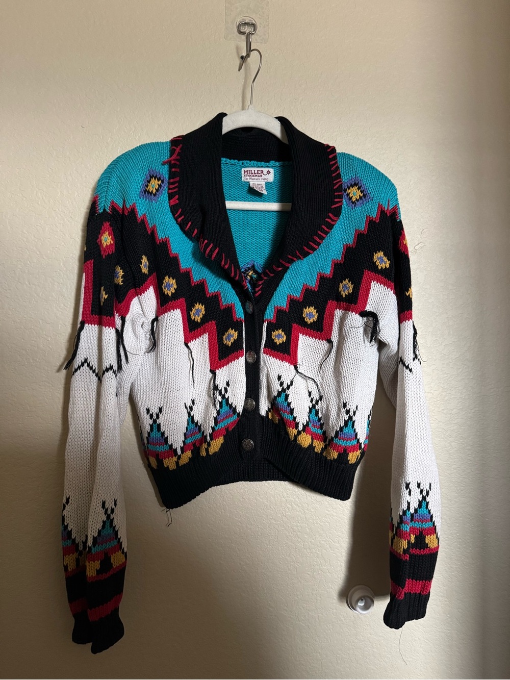 Vintage Miller Southwestern Shawl Chunky Knit Collar Cardigan Sweater Sz M
